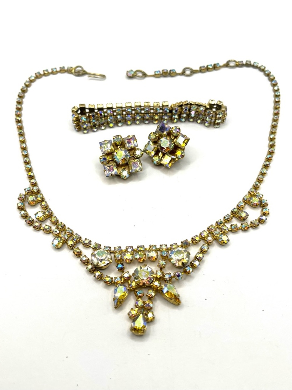 Vintage Estrella Gold-Tone Set Aurora Crystal Necklace Bracelet Clip-On Earring